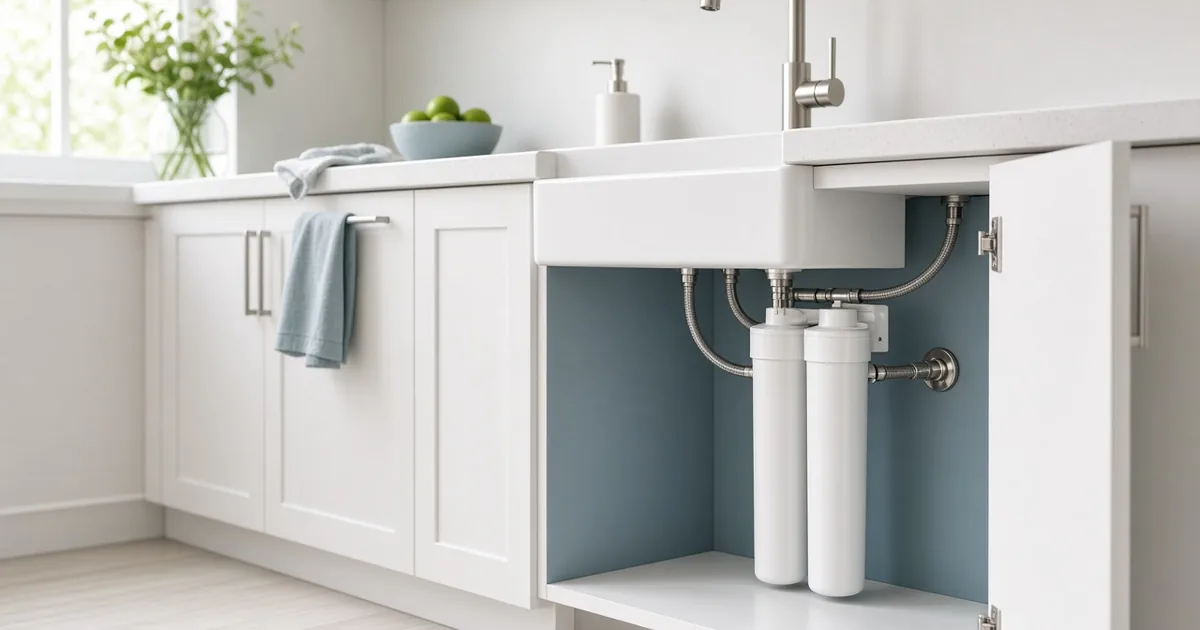 Two-stage under-sink water filter mounted inside a kitchen sink cabinet and connected to the cold water line