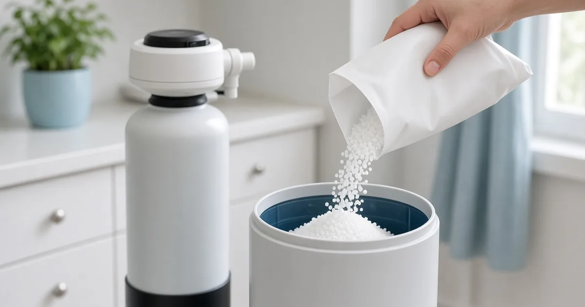 Pouring salt pellets into a water softener brine tank next to the resin tank and control valve