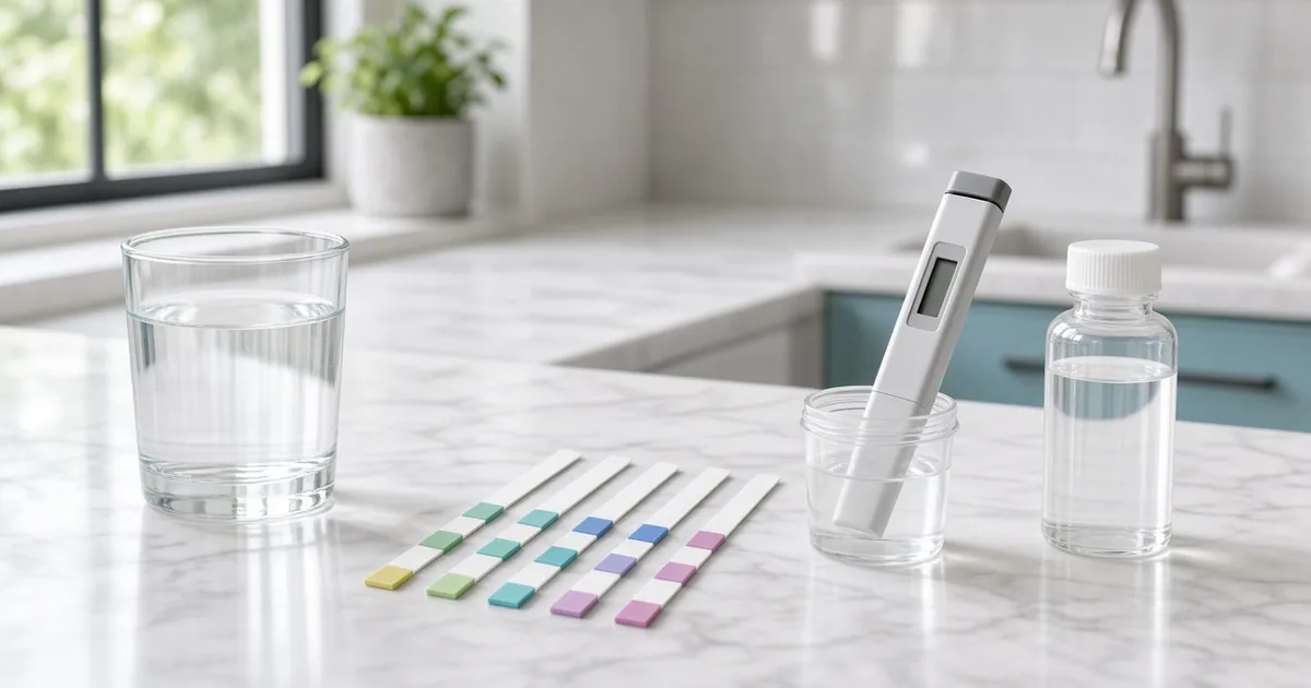 Home water testing kit with hardness test strips, a TDS meter in a water sample and a lab sample bottle