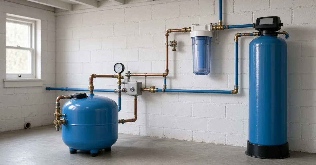 Private well water system in a basement with a pressure tank, sediment filter housing and iron filter tank