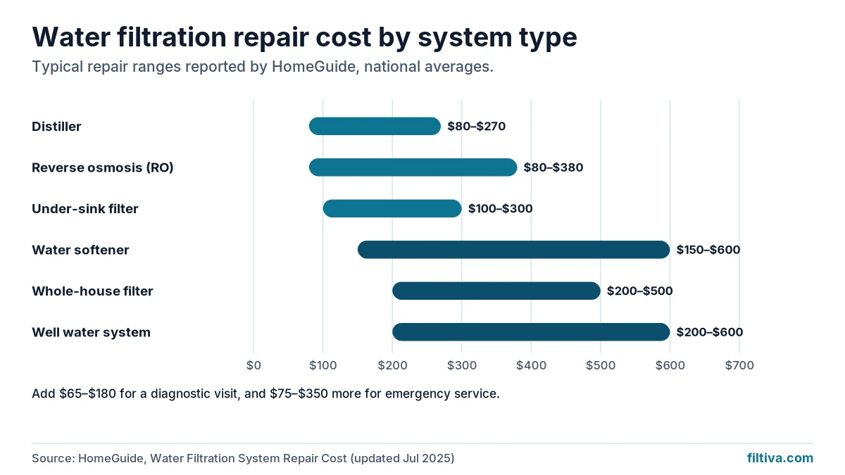 Bar chart of water filtration repair costs by system type, from distillers at $80 to $270 to well systems at $200 to $600