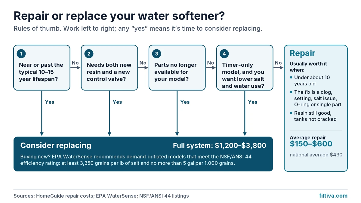 Flowchart showing when to repair and when to replace a water softener