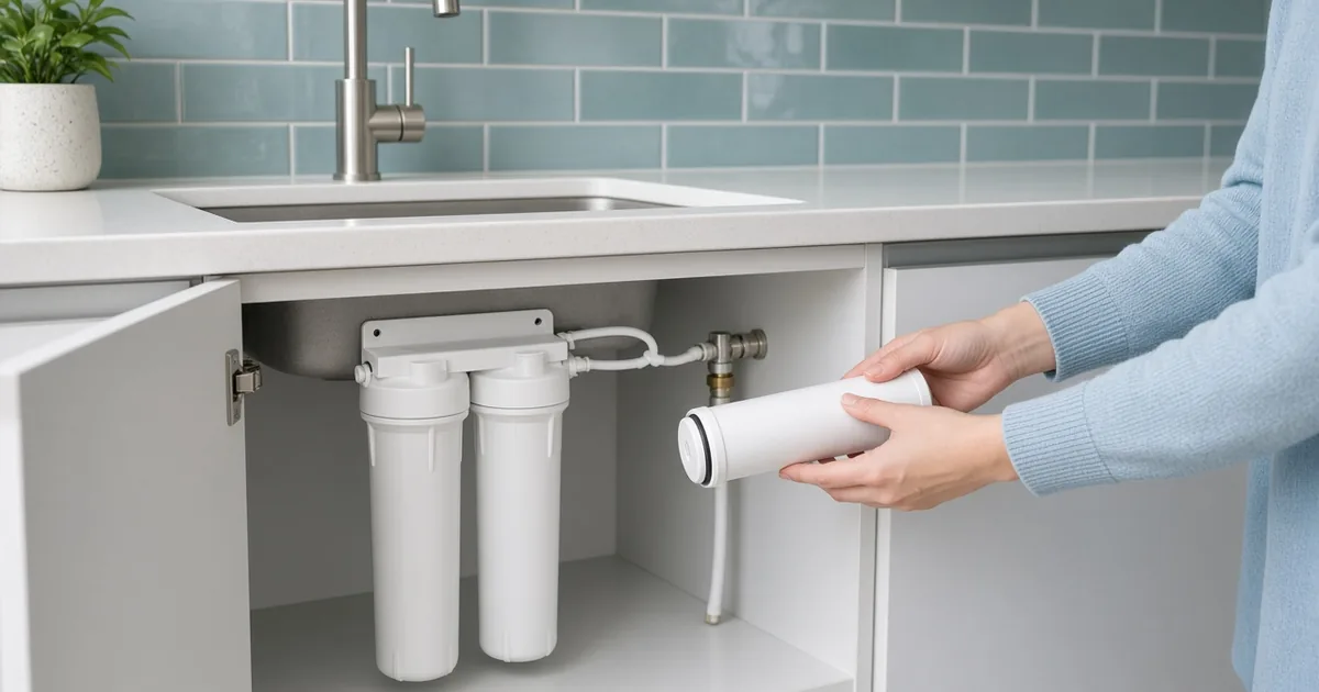 Two-stage under-sink water purifier in an open kitchen cabinet, with a hand holding a replacement filter cartridge
