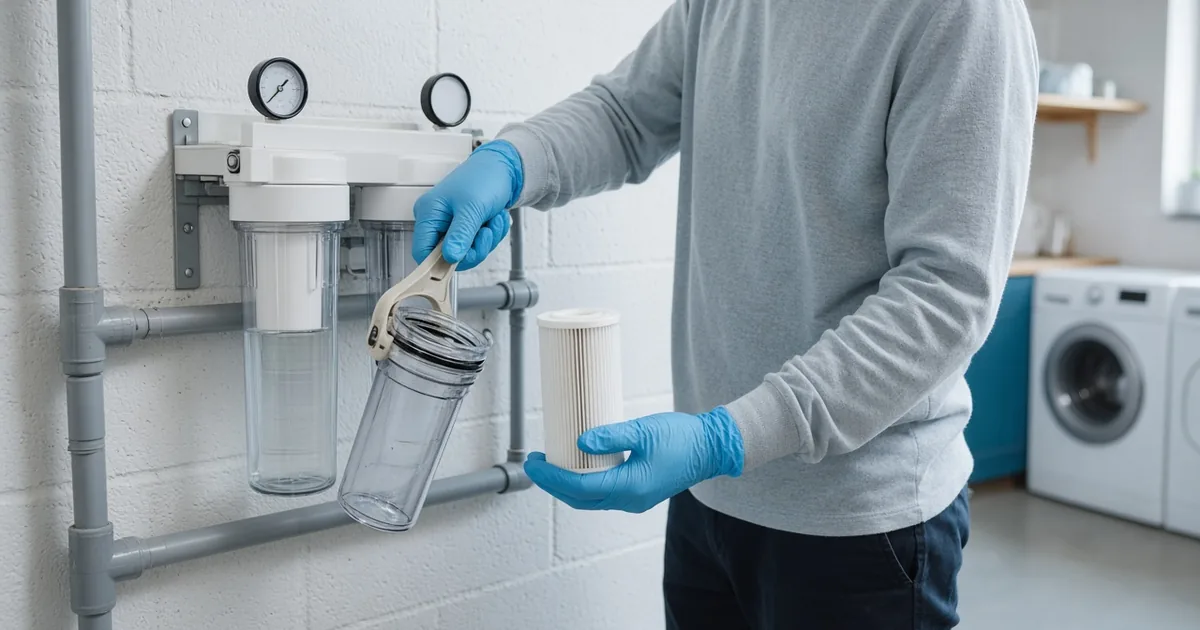 Homeowner in gloves replacing a whole house sediment filter cartridge, holding a housing wrench and a new cartridge