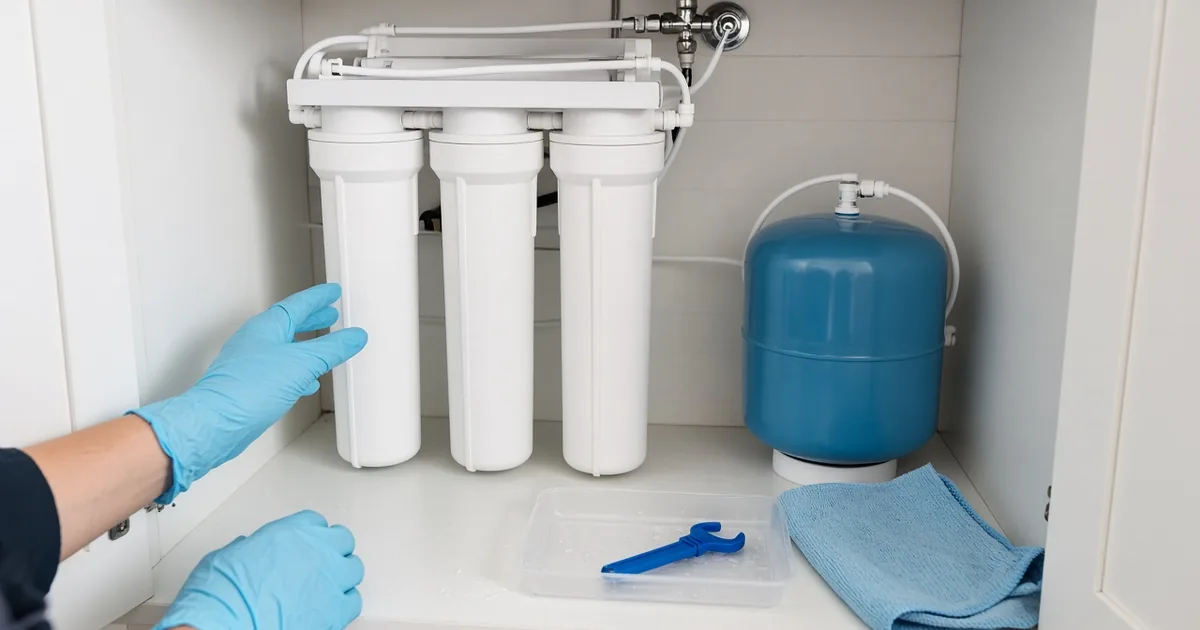 Gloved hands servicing an under-sink three-canister reverse osmosis system with a storage tank, drip tray, towel, and wrench