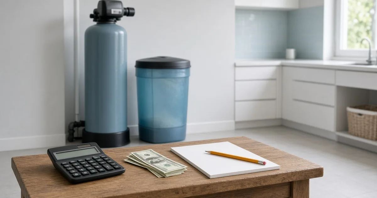 Water softener and brine tank behind a workbench with a calculator, cash and notepad for estimating installed cost