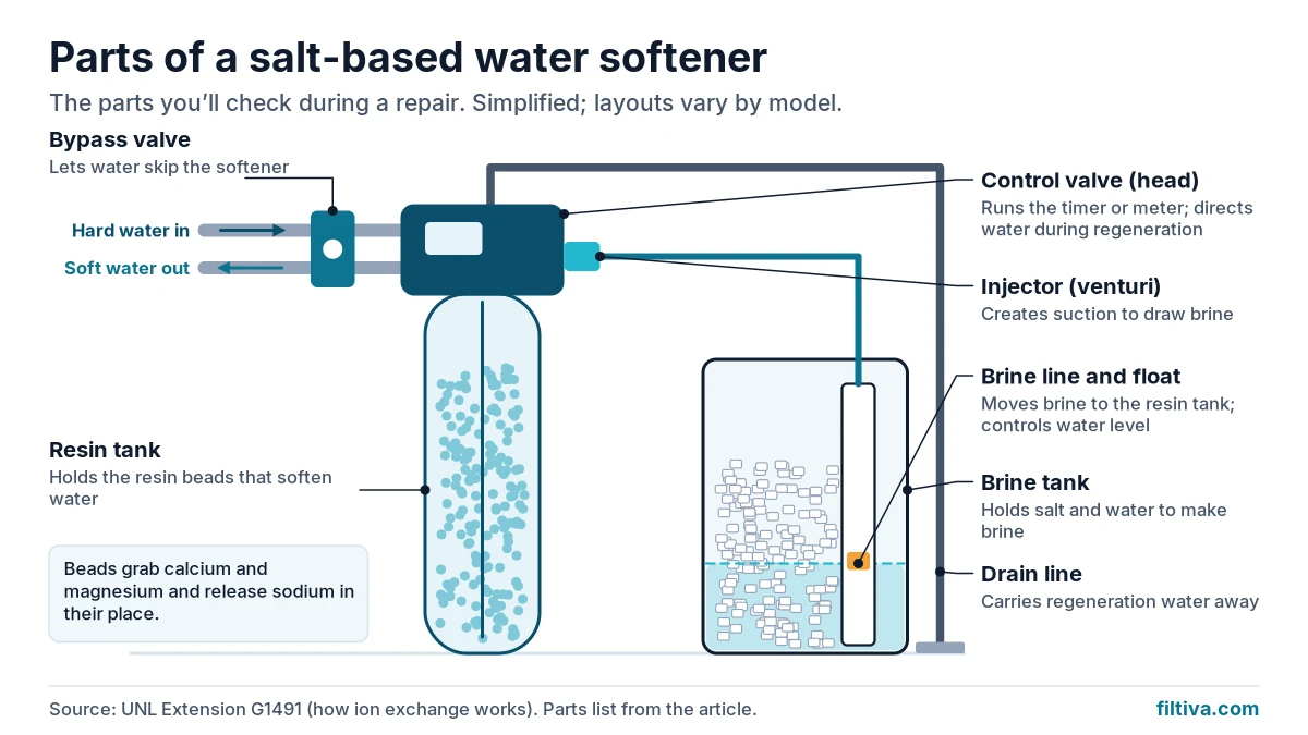 Labeled diagram of a water softener: control valve, resin tank, brine tank, brine line, bypass valve, drain line