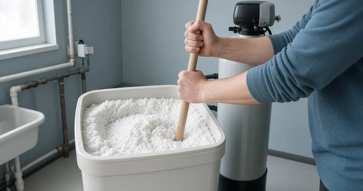 Homeowner breaking up a salt bridge in a water softener brine tank with a broom handle, resin tank behind