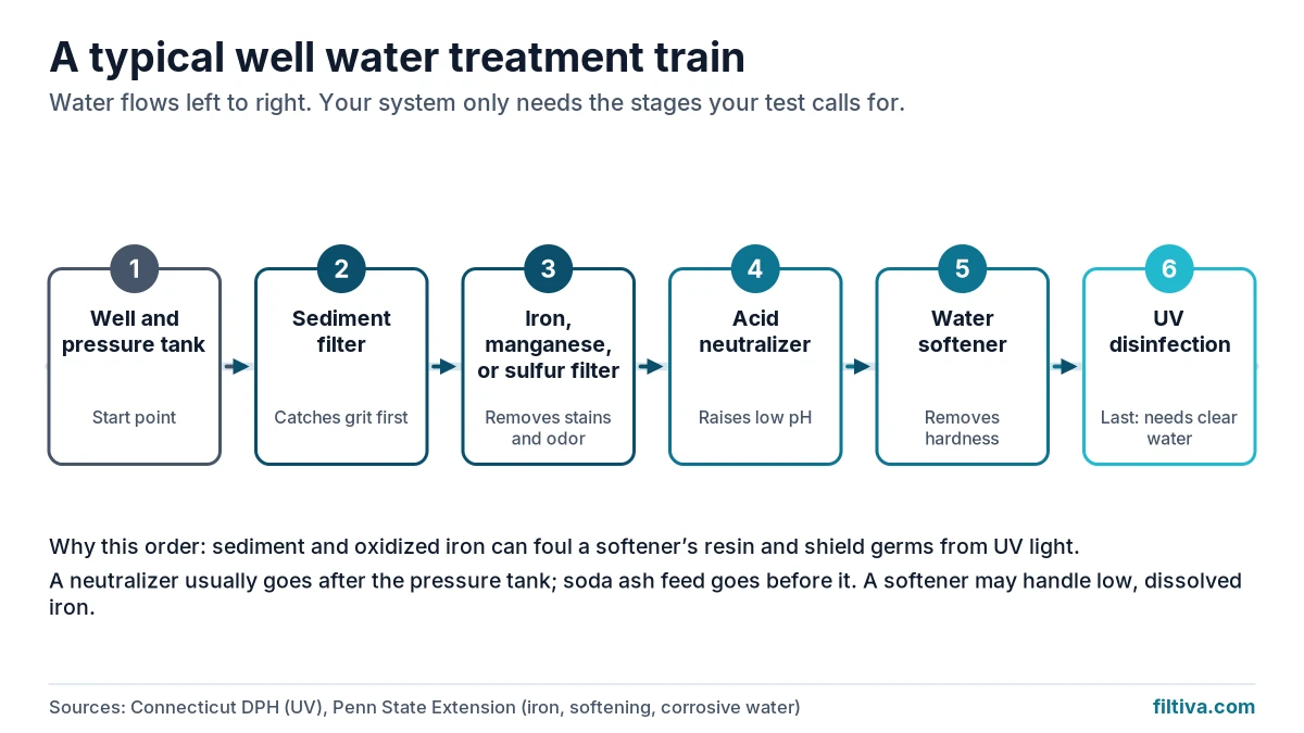 Well water treatment train: pressure tank, sediment filter, iron filter, acid neutralizer, softener, then UV light last