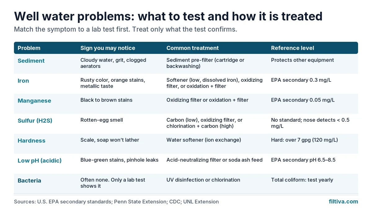 Chart matching well water problems (sediment, iron, manganese, sulfur, hardness, low pH, bacteria) to signs and treatments