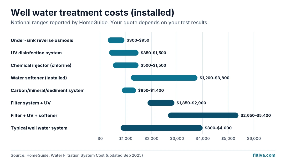 Installed well water treatment costs, from $300–$950 for under-sink RO to $2,650–$5,400 for filter, UV and softener