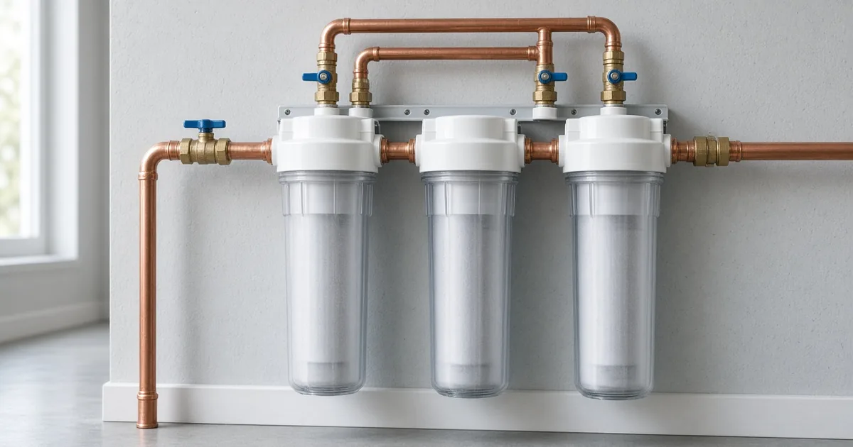 Three-stage whole house water filtration system with sediment and carbon housings plumbed into the main water line